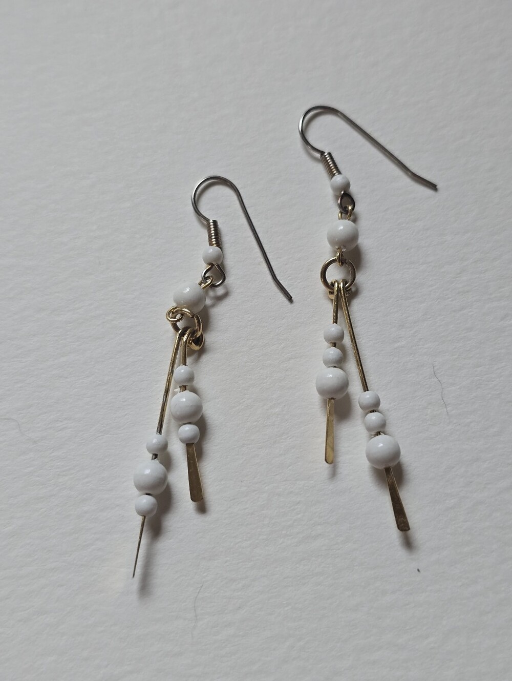 White Bead Drop Dangle Earrings with Gold Accents